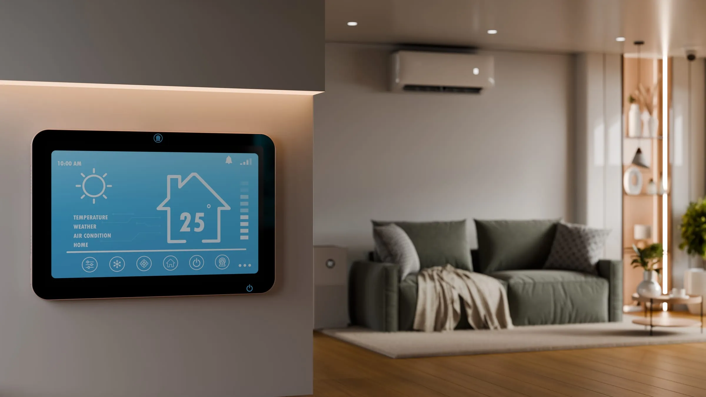 Smart home control panel in a modern living room