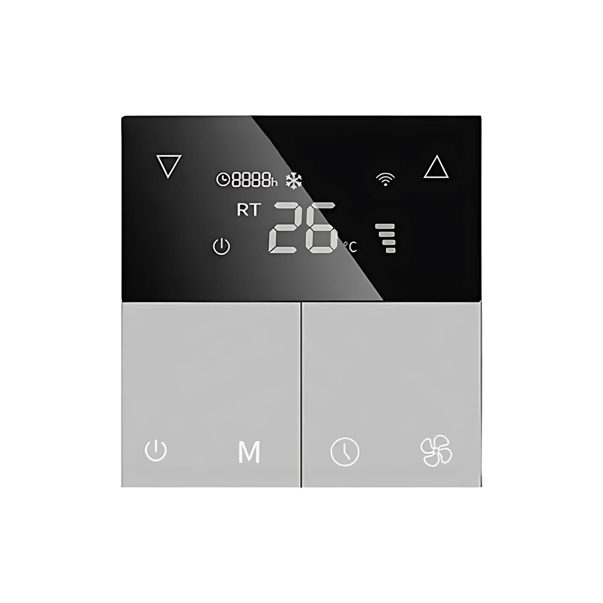 Grey AC thermostat panel with black display showing 26 degrees