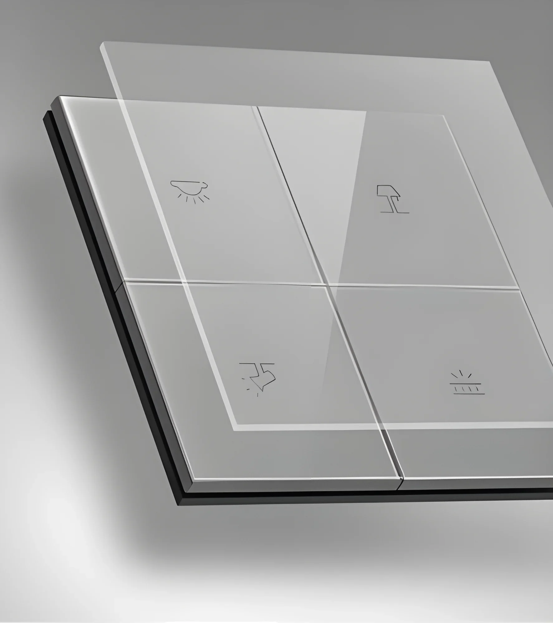 Clear glass designer switch panel with a range of colour swatches