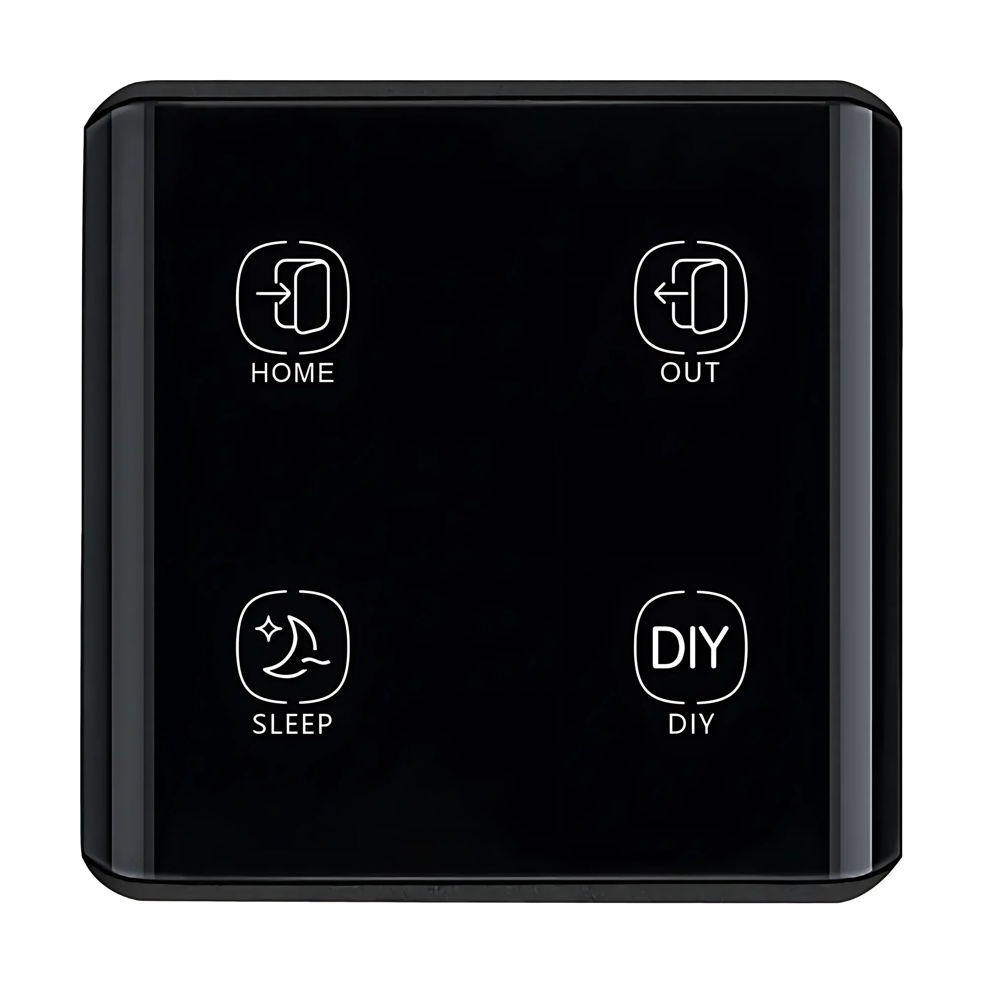 Black curved-glass 4-key scene switch with Home, Out, Sleep and DIY