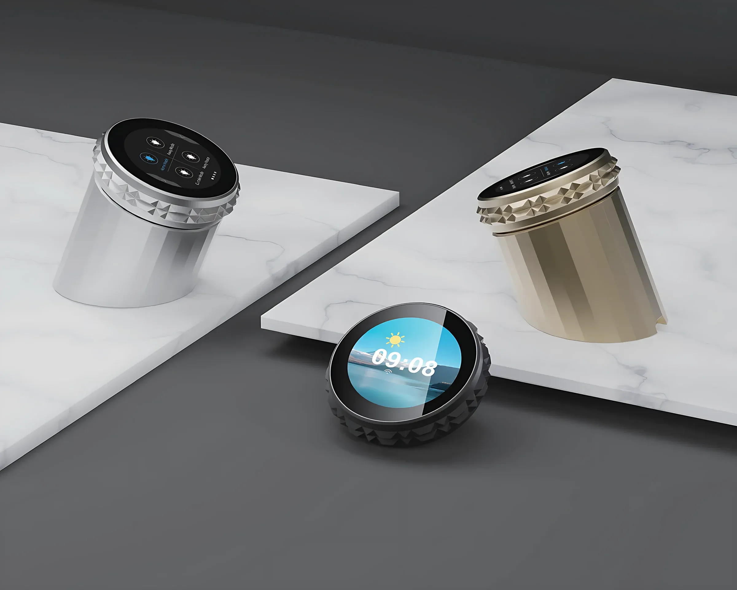 Round desktop smart controllers in silver and gold on marble