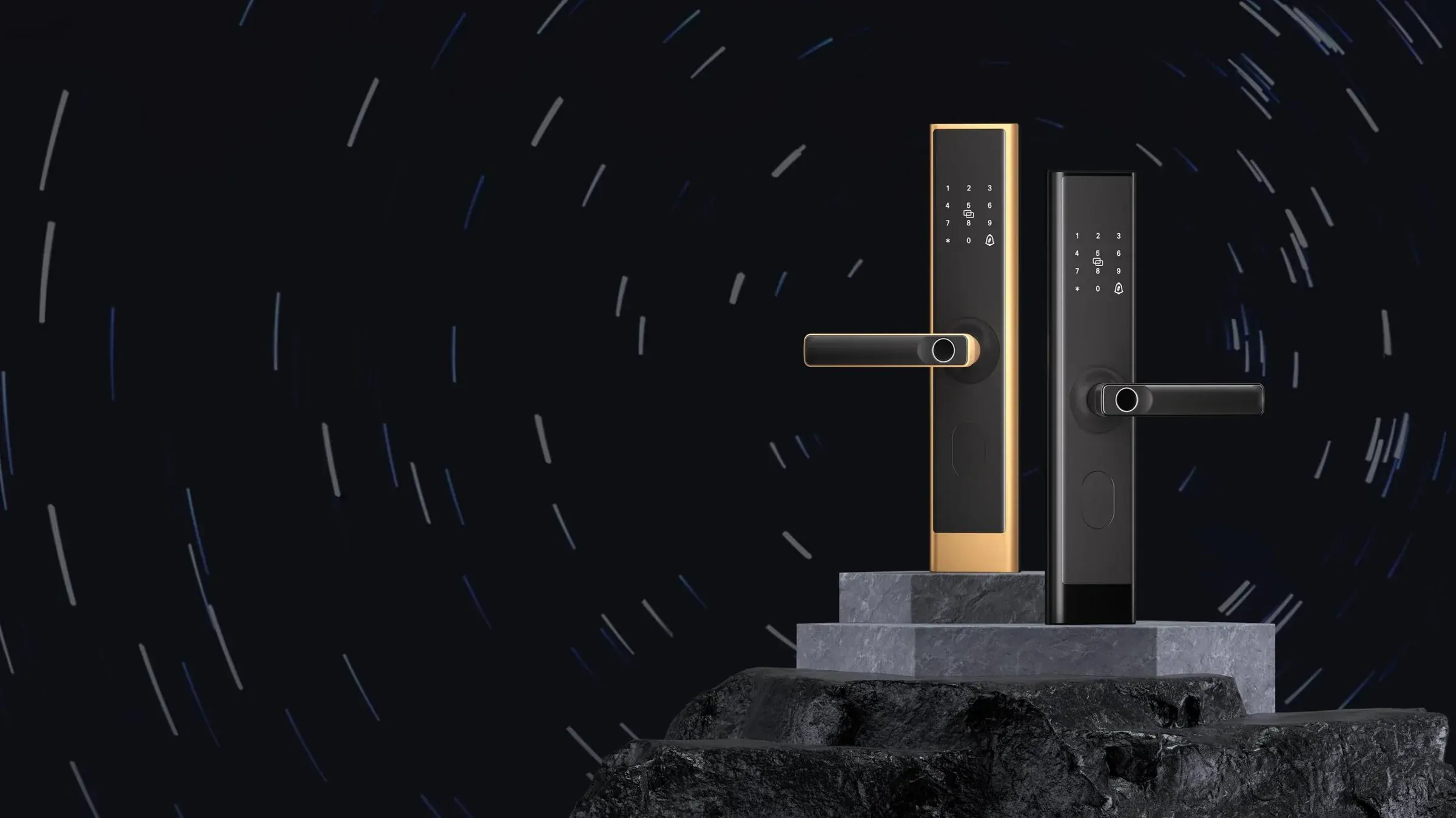 Black and gold smart door lock on a dark stone plinth under rain