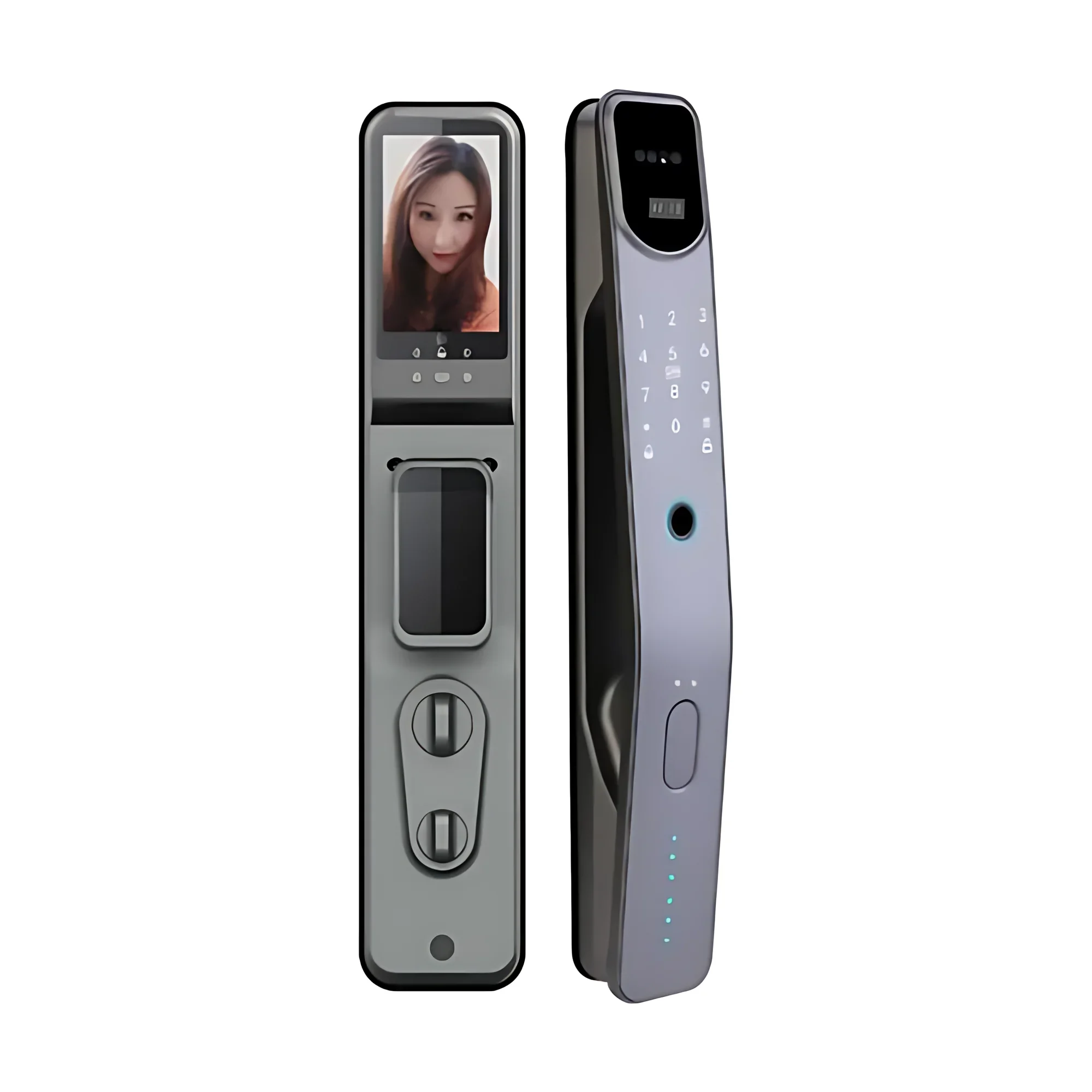 Grey smart door lock with face recognition camera and keypad