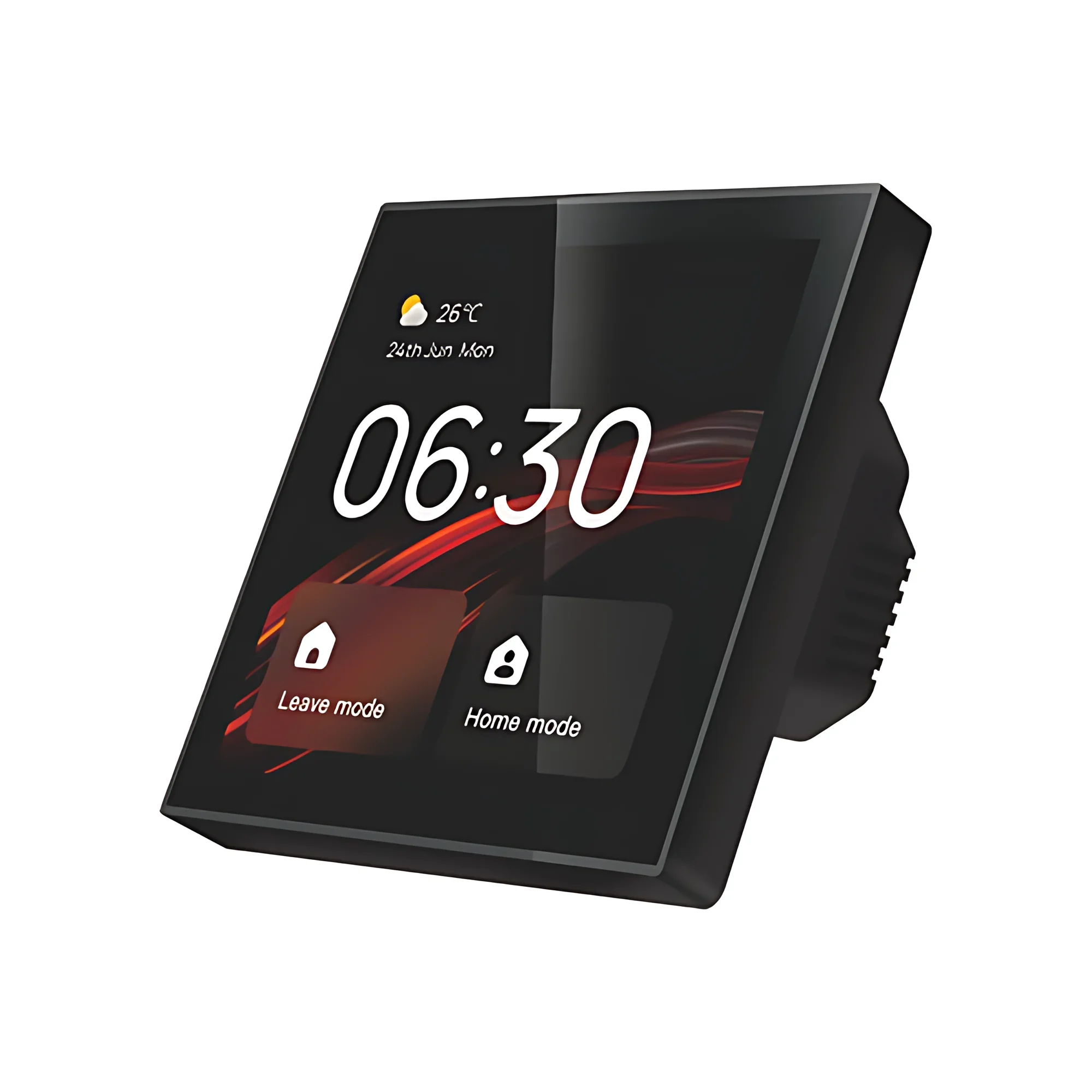 Black 4-inch touchscreen smart switch with Leave and Home scenes