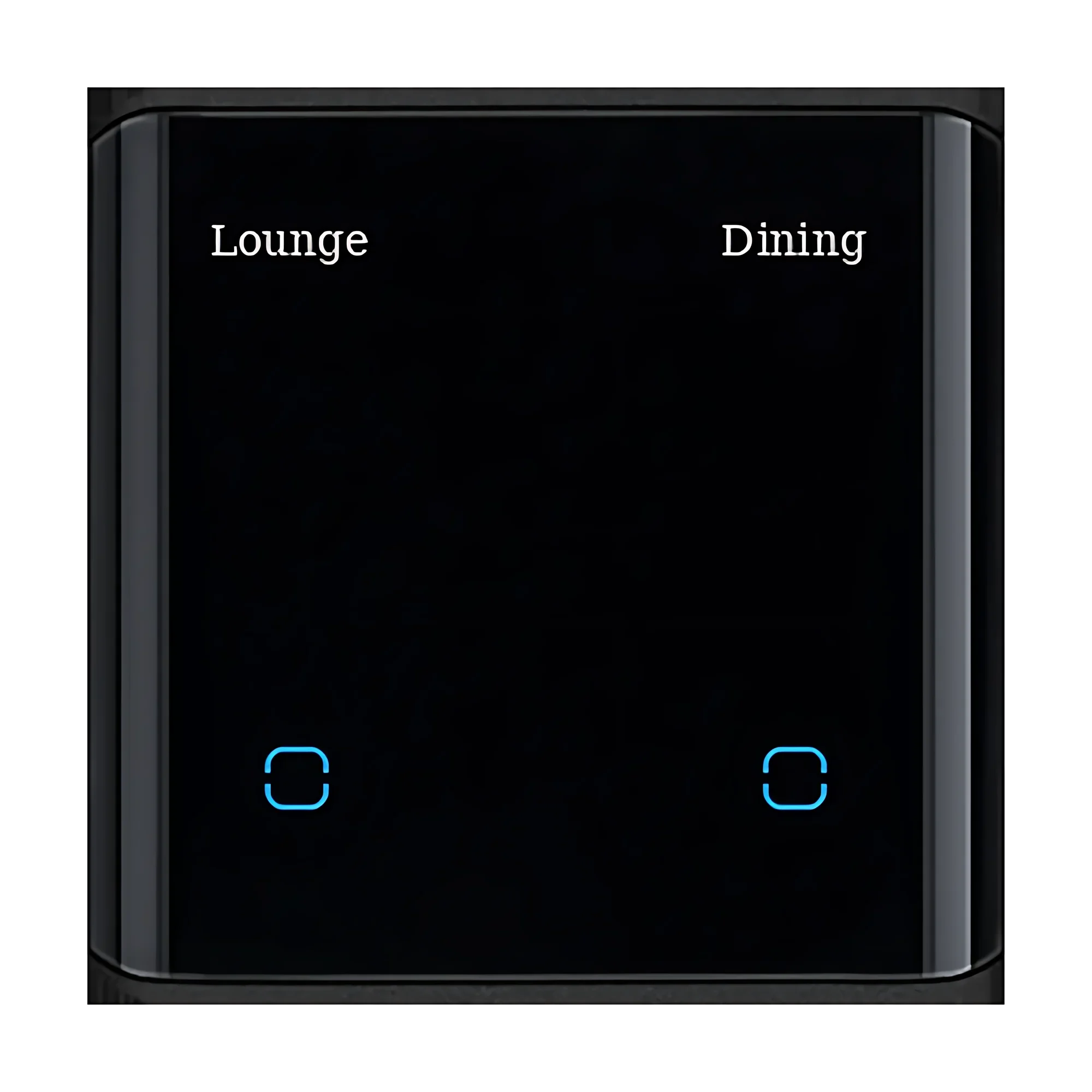 Black smart switch with a display strip labelled Lounge and Dining