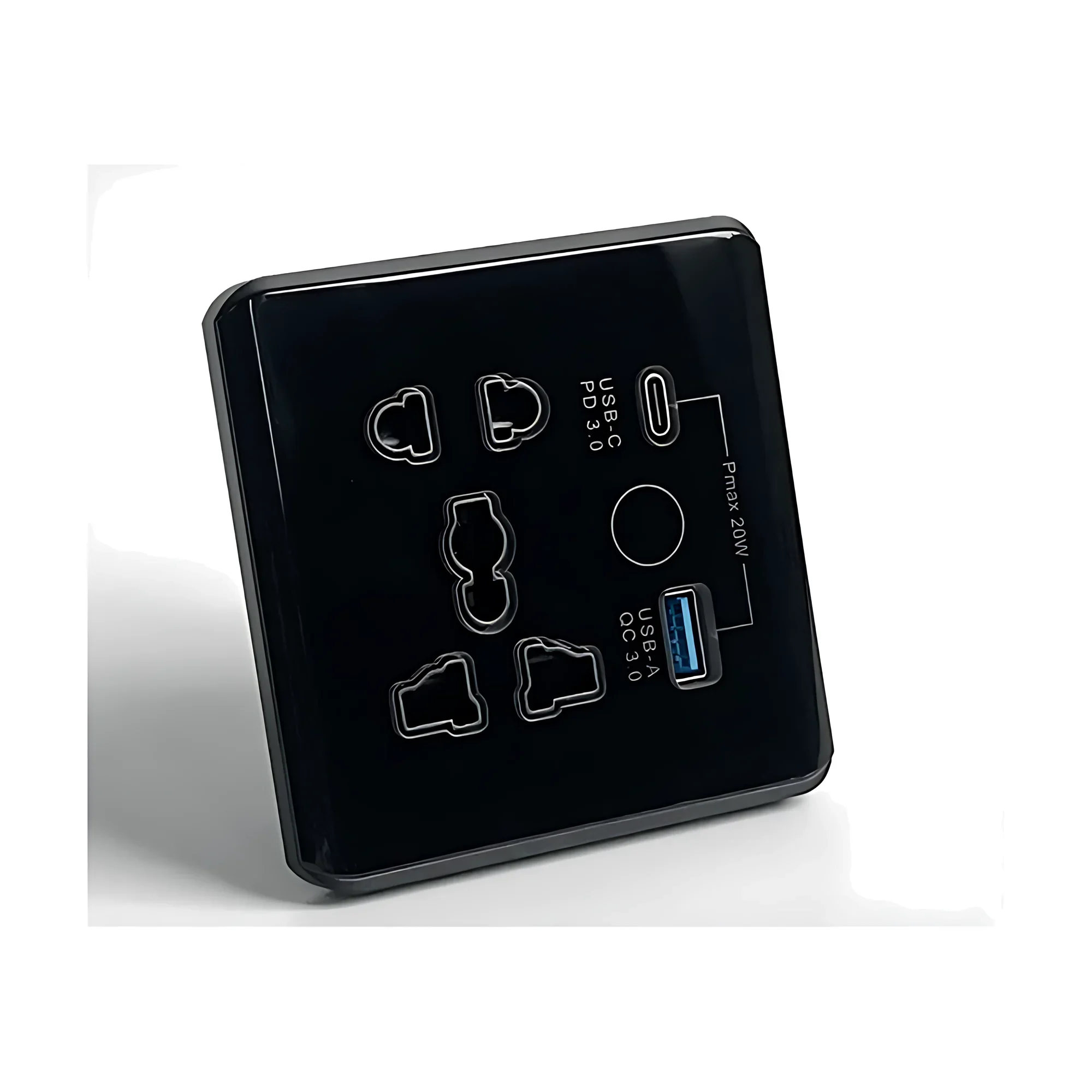 Black glass universal 5-pin socket with USB-A and USB-C ports