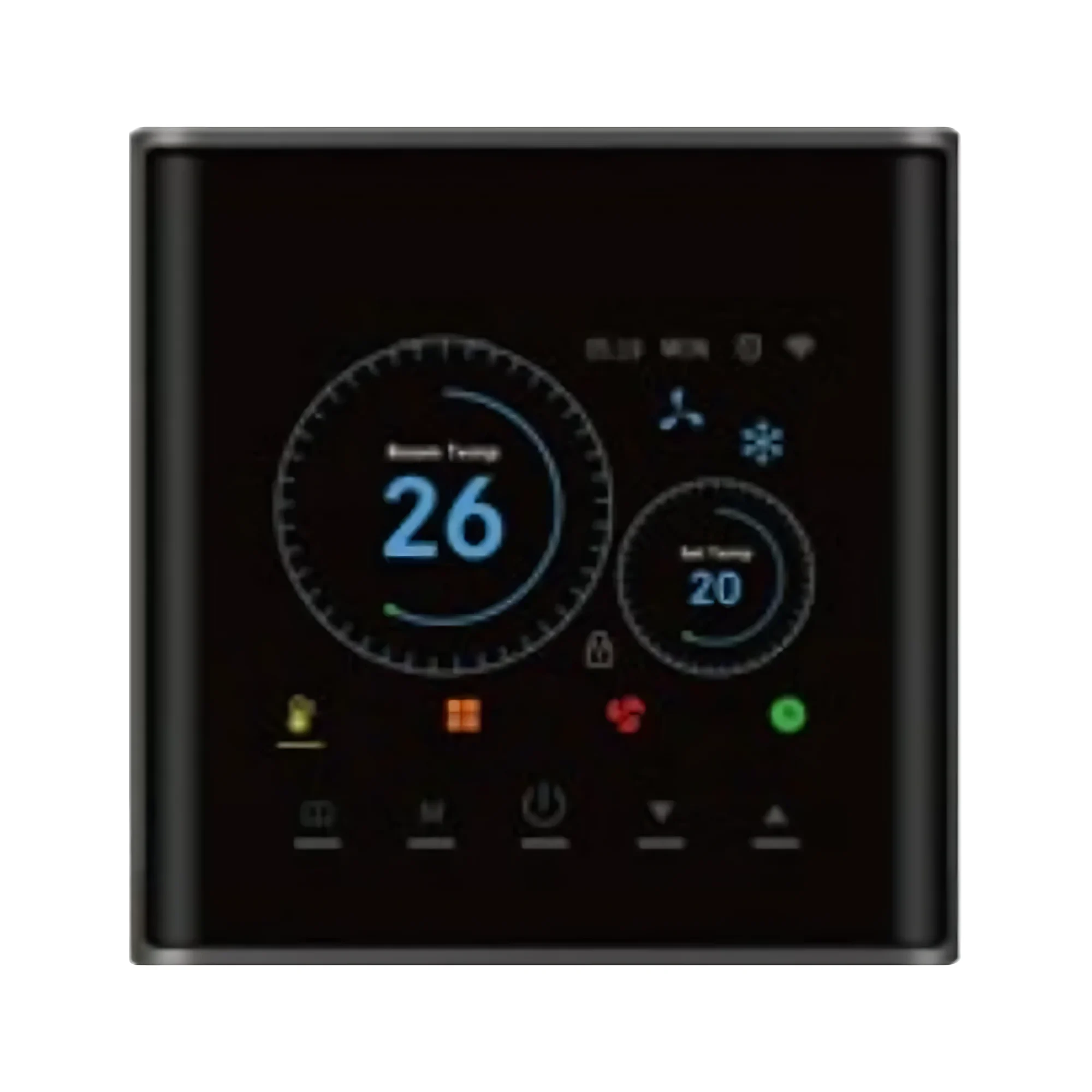 Black thermostat with a circular colour display showing 26 degrees