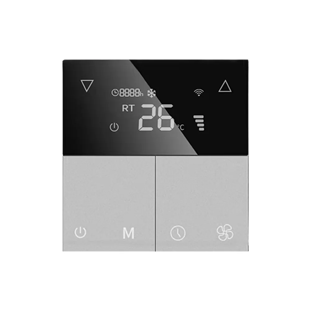 Grey AC thermostat panel with black display showing 26 degrees