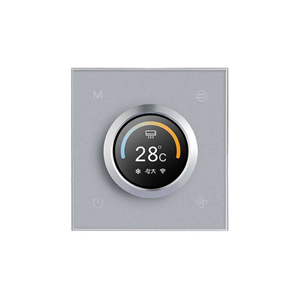 Grey panel with a round knob display showing 28 degrees