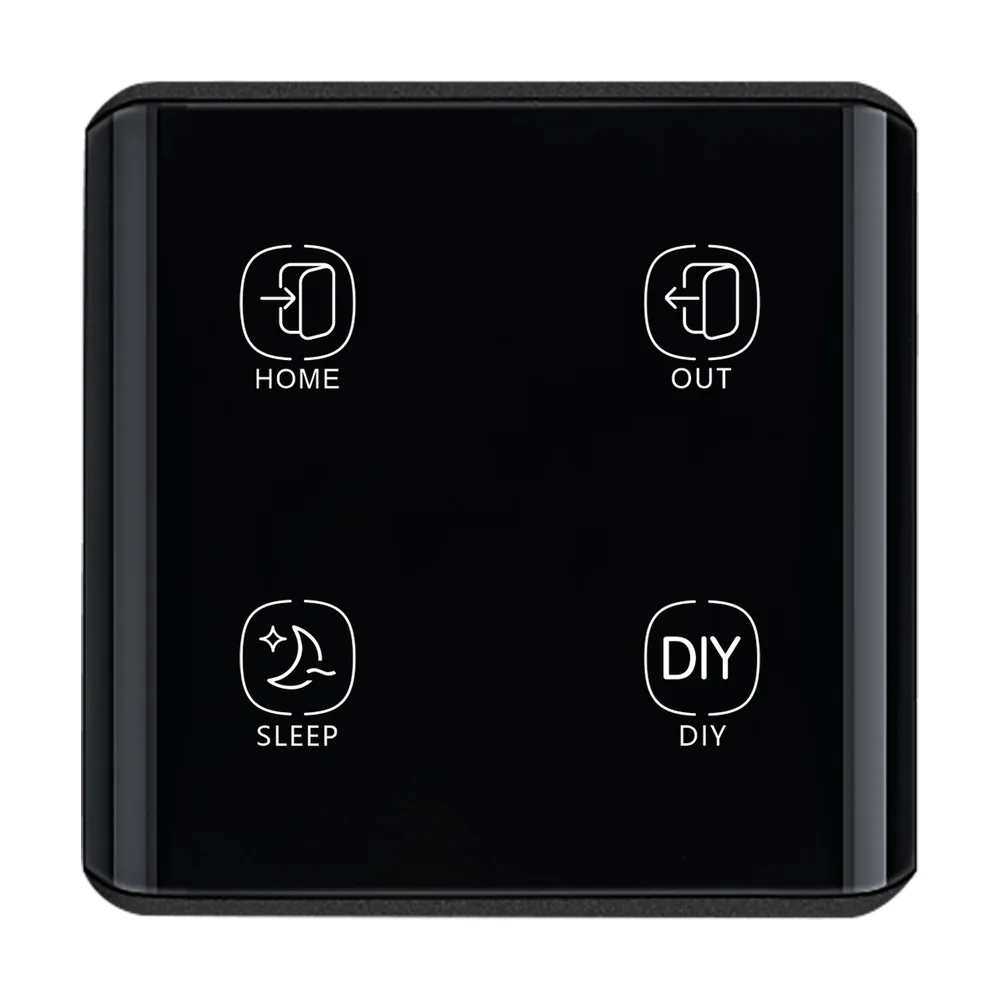 Black curved-glass 4-key scene switch with Home, Out, Sleep and DIY