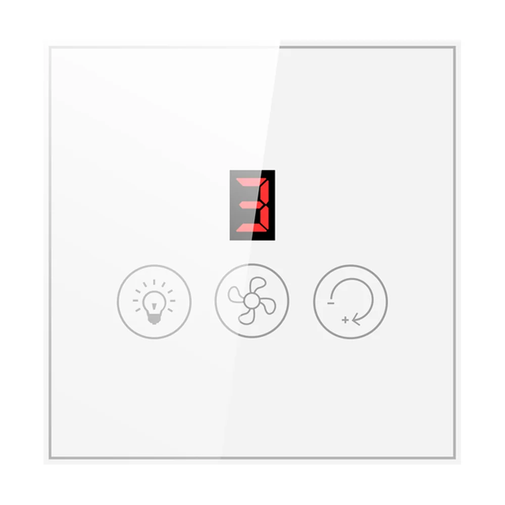 White glass fan controller with speed display, light and fan keys