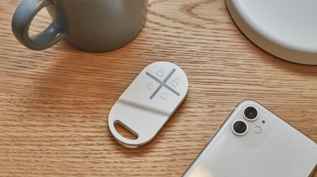 White key fob beside a phone and mug on a wooden table