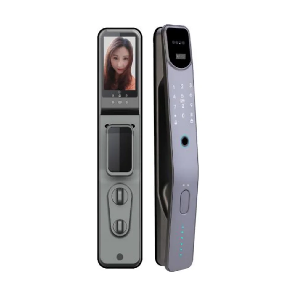 Grey smart door lock with face recognition camera and keypad