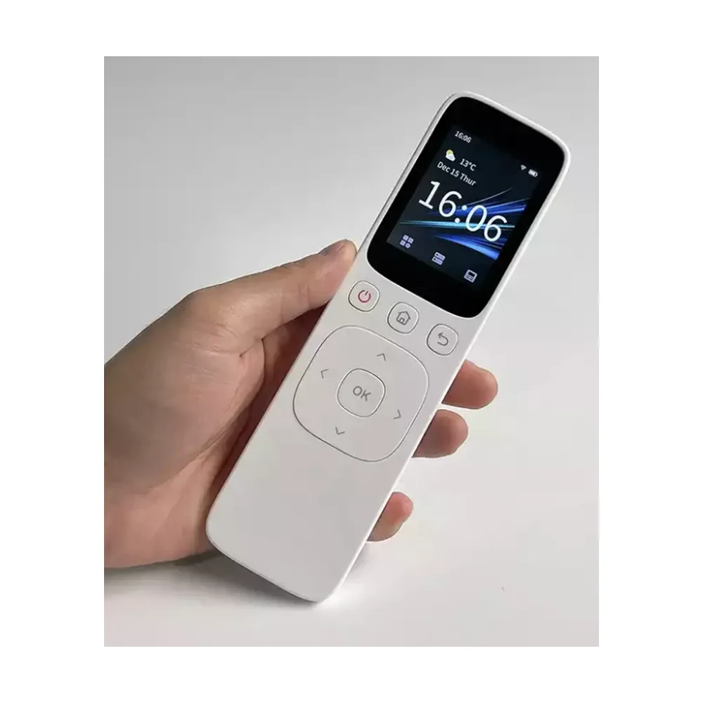 Hand holding a white smart remote with colour screen