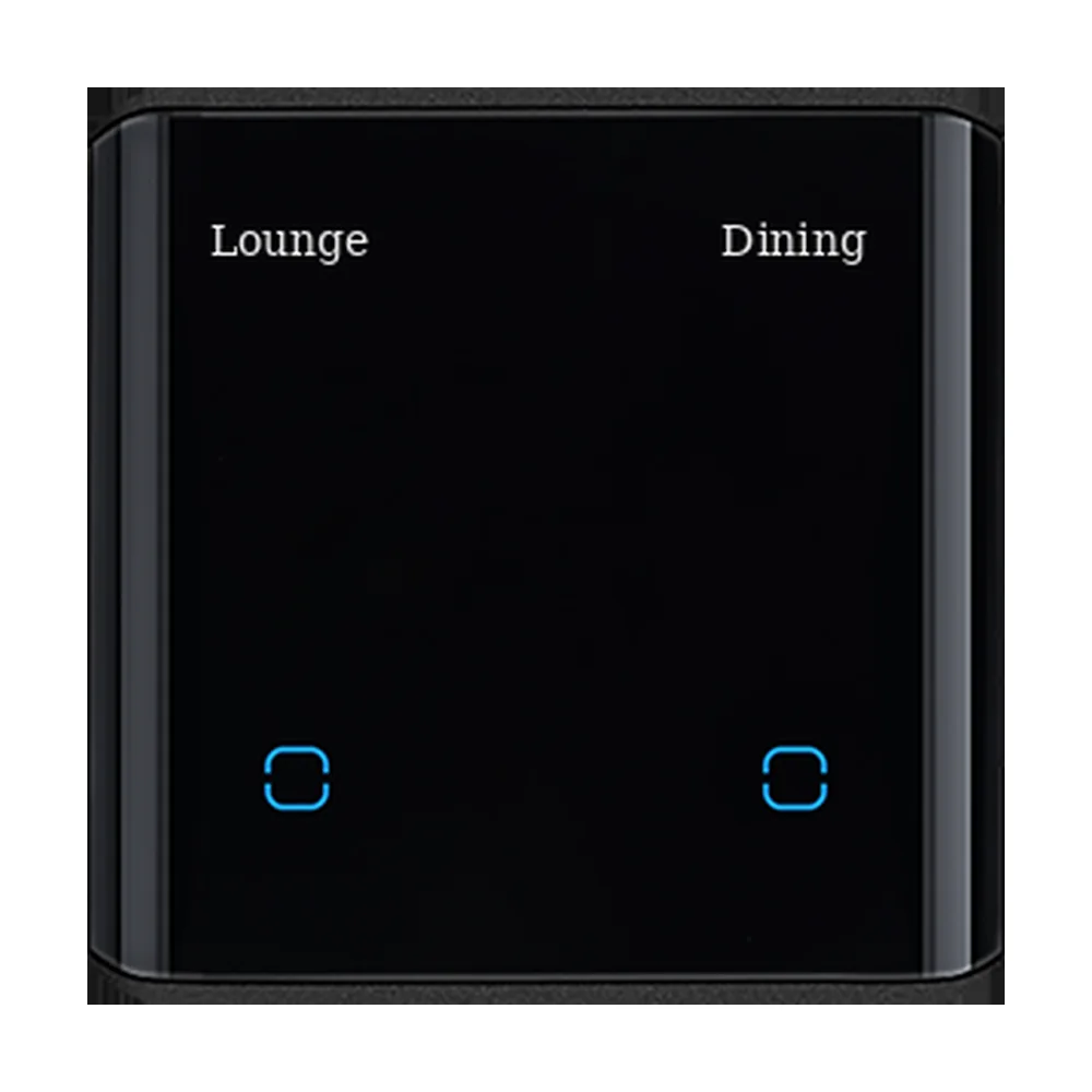 Black smart switch with a display strip labelled Lounge and Dining