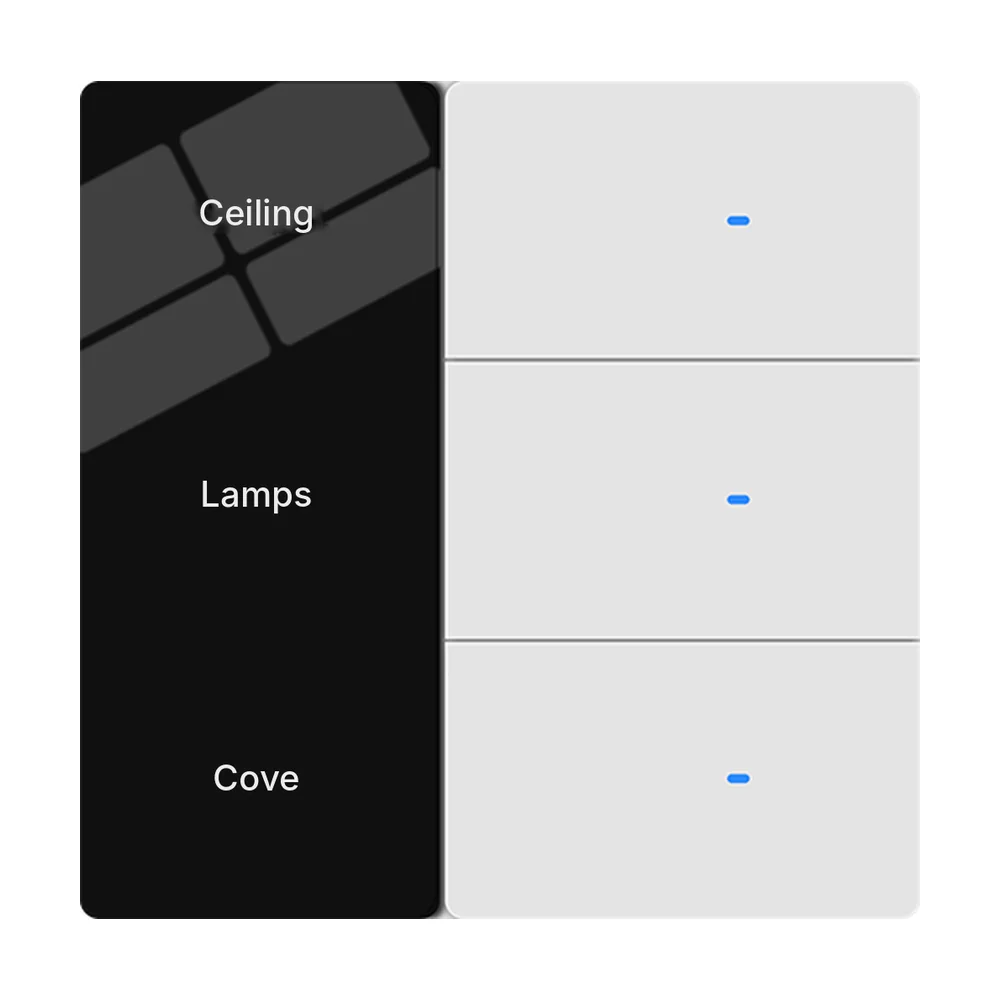 Two-tone 3-gang smart push switch with keys named Ceiling, Lamps and Cove