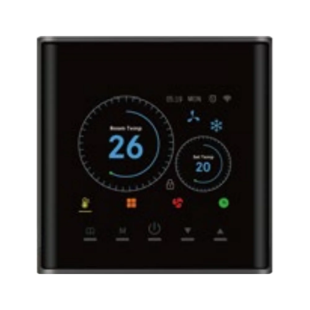Black thermostat with a circular colour display showing 26 degrees